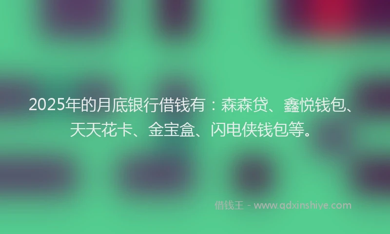 2025年的月底银行借钱有：森森贷、鑫悦钱包、天天花卡、金宝盒、闪电侠钱包等。
