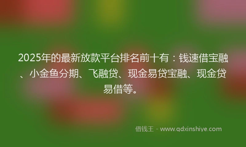 2025年的最新放款平台排名前十有：钱速借宝融、小金鱼分期、飞融贷、现金易贷宝融、现金贷易借等。