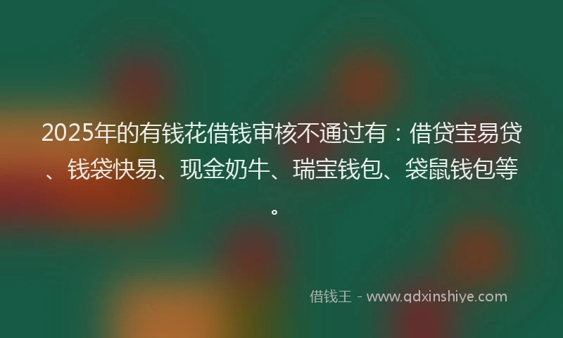 2025年的有钱花借钱审核不通过有：借贷宝易贷、钱袋快易、现金奶牛、瑞宝钱包、袋鼠钱包等。