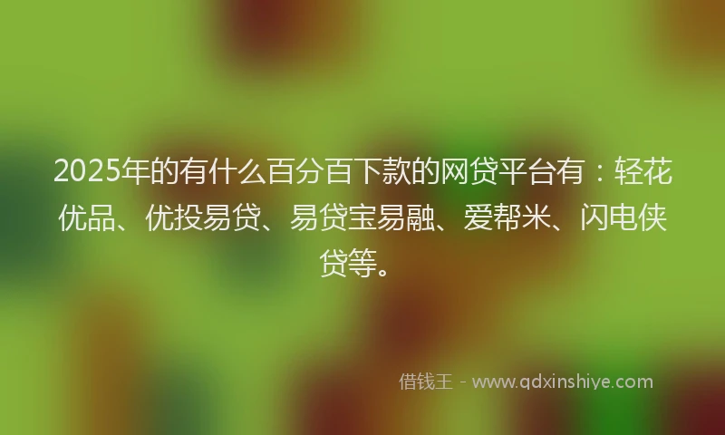 2025年的有什么百分百下款的网贷平台有：轻花优品、优投易贷、易贷宝易融、爱帮米、闪电侠贷等。