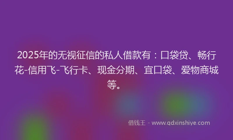 2025年的无视征信的私人借款有：口袋贷、畅行花-信用飞-飞行卡、现金分期、宜口袋、爱物商城等。