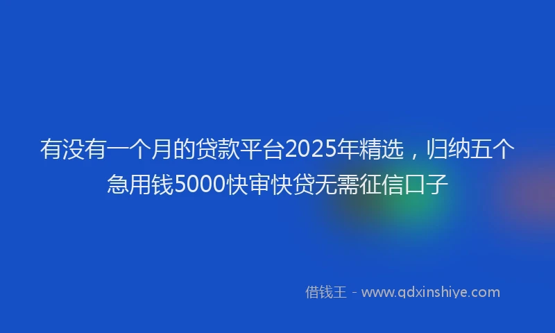 有没有一个月的贷款平台2025年精选，归纳五个急用钱5000快审快贷无需征信口子