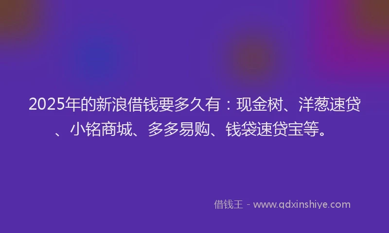 2025年的新浪借钱要多久有：现金树、洋葱速贷、小铭商城、多多易购、钱袋速贷宝等。