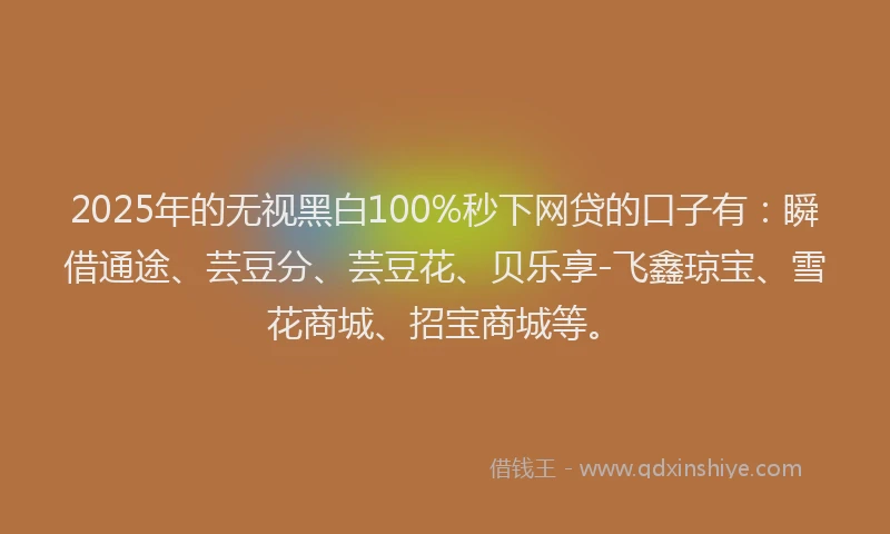 2025年的无视黑白100%秒下网贷的口子有：瞬借通途、芸豆分、芸豆花、贝乐享-飞鑫琼宝、雪花商城、招宝商城等。