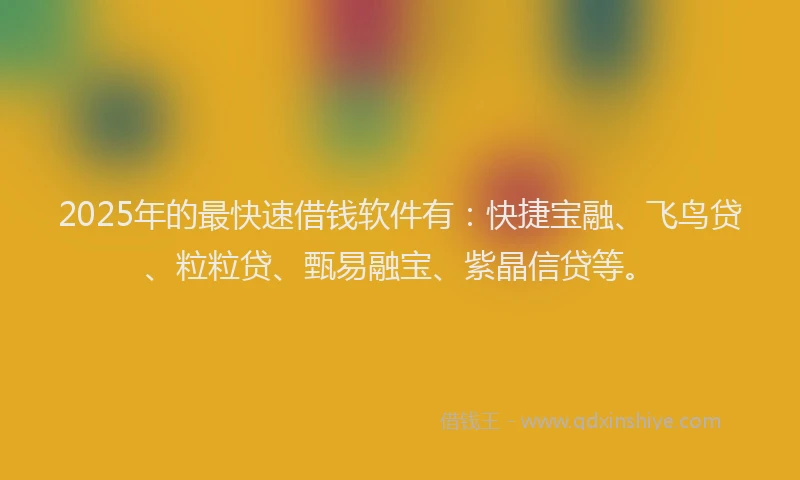 2025年的最快速借钱软件有：快捷宝融、飞鸟贷、粒粒贷、甄易融宝、紫晶信贷等。