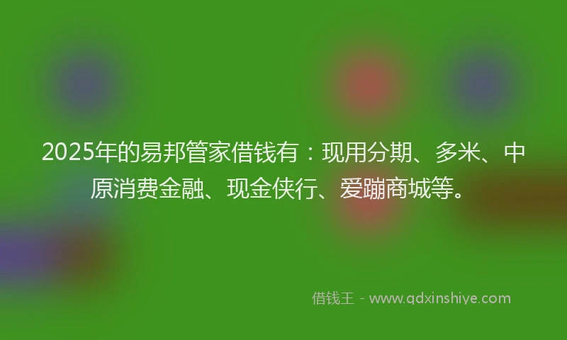 2025年的易邦管家借钱有：现用分期、多米、中原消费金融、现金侠行、爱蹦商城等。