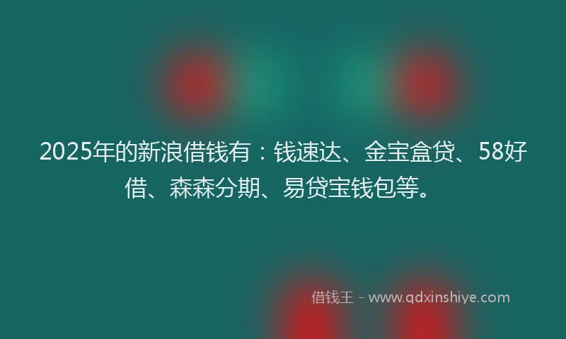 2025年的新浪借钱有：钱速达、金宝盒贷、58好借、森森分期、易贷宝钱包等。