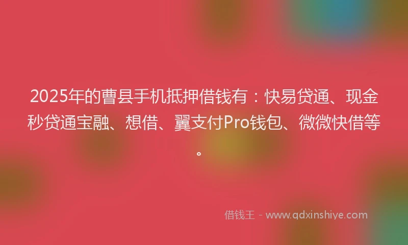 2025年的曹县手机抵押借钱有：快易贷通、现金秒贷通宝融、想借、翼支付Pro钱包、微微快借等。