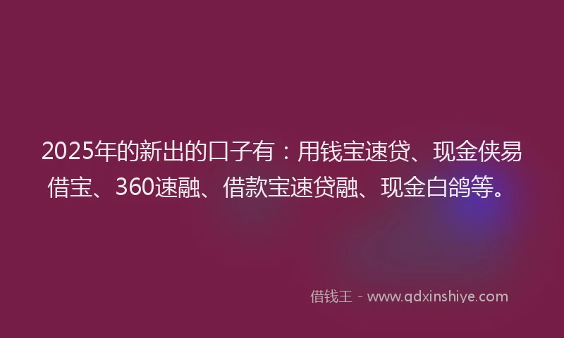 2025年的新出的口子有：用钱宝速贷、现金侠易借宝、360速融、借款宝速贷融、现金白鸽等。