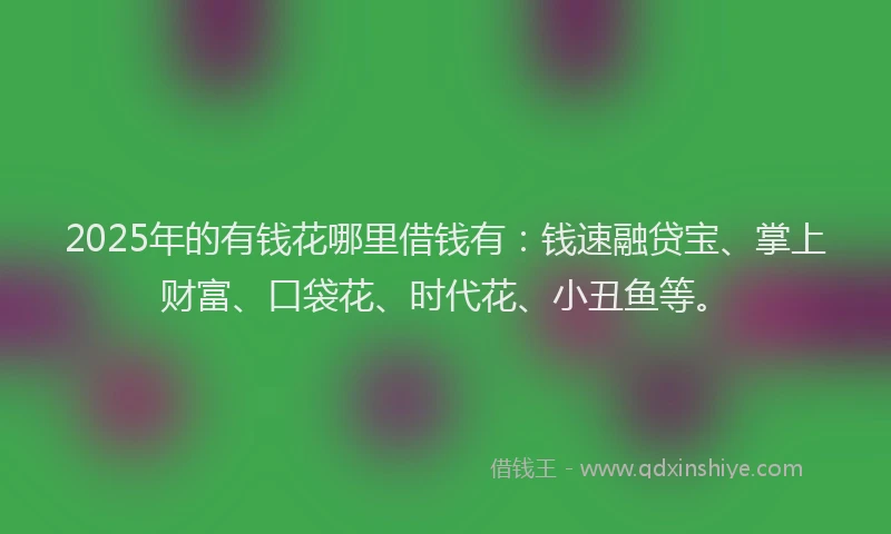 2025年的有钱花哪里借钱有：钱速融贷宝、掌上财富、口袋花、时代花、小丑鱼等。