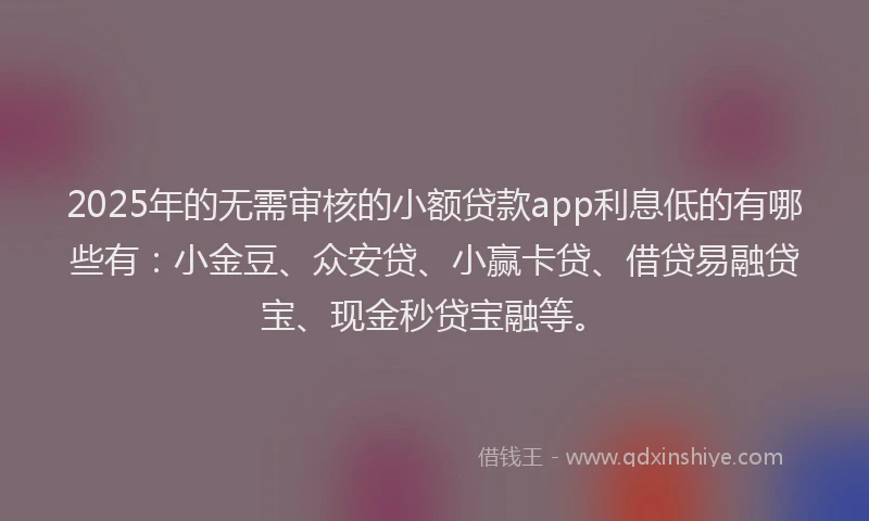 2025年的无需审核的小额贷款app利息低的有哪些有：小金豆、众安贷、小赢卡贷、借贷易融贷宝、现金秒贷宝融等。