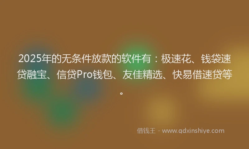 2025年的无条件放款的软件有：极速花、钱袋速贷融宝、信贷Pro钱包、友佳精选、快易借速贷等。