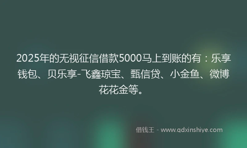 2025年的无视征信借款5000马上到账的有：乐享钱包、贝乐享-飞鑫琼宝、甄信贷、小金鱼、微博花花金等。
