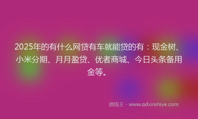 2025年的有什么网贷有车就能贷的有：现金树、小米分期、月月盈贷、优者商城、今日头条备用金等。