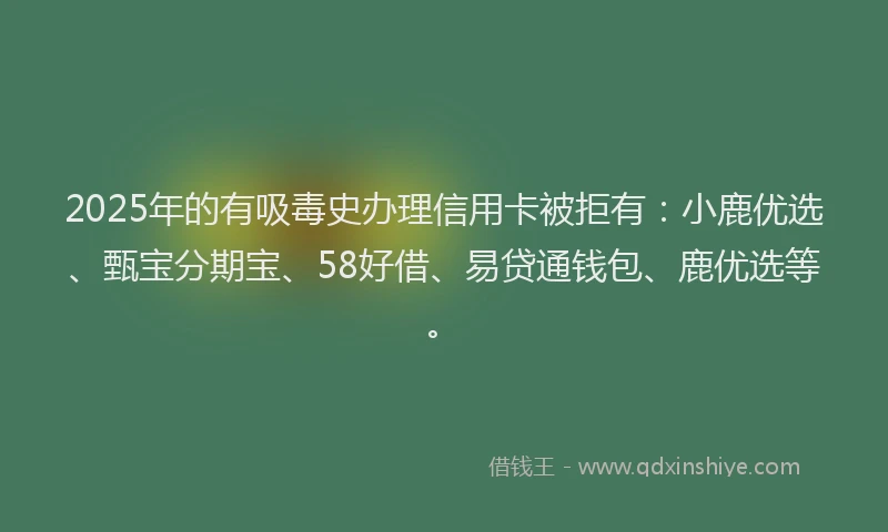 2025年的有吸毒史办理信用卡被拒有：小鹿优选、甄宝分期宝、58好借、易贷通钱包、鹿优选等。
