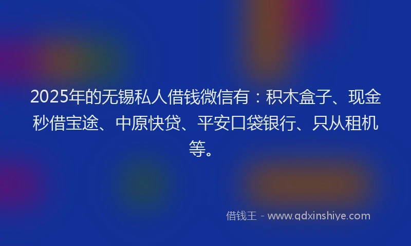 2025年的无锡私人借钱微信有：积木盒子、现金秒借宝途、中原快贷、平安口袋银行、只从租机等。