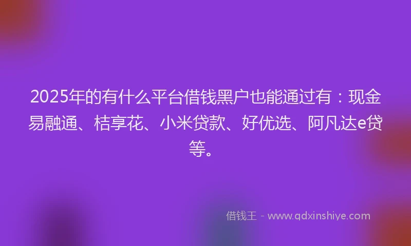 2025年的有什么平台借钱黑户也能通过有：现金易融通、桔享花、小米贷款、好优选、阿凡达e贷等。