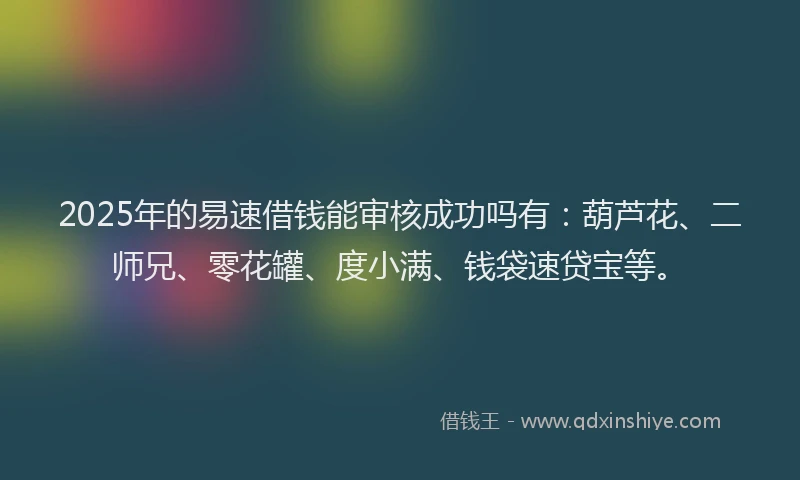 2025年的易速借钱能审核成功吗有：葫芦花、二师兄、零花罐、度小满、钱袋速贷宝等。