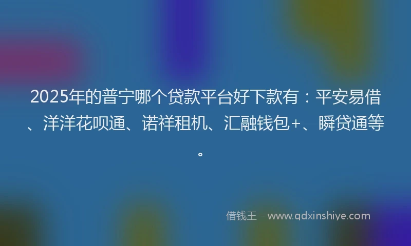 2025年的普宁哪个贷款平台好下款有：平安易借、洋洋花呗通、诺祥租机、汇融钱包+、瞬贷通等。