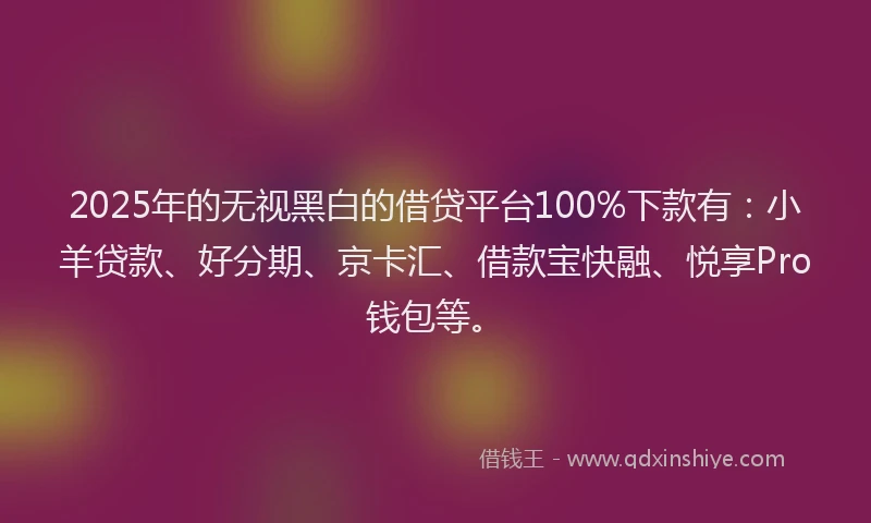 2025年的无视黑白的借贷平台100%下款有：小羊贷款、好分期、京卡汇、借款宝快融、悦享Pro钱包等。