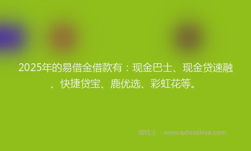 2025年的易借金借款有：现金巴士、现金贷速融、快捷贷宝、鹿优选、彩虹花等。
