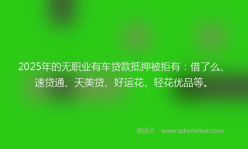 2025年的无职业有车贷款抵押被拒有：借了么、速贷通、天美贷、好运花、轻花优品等。