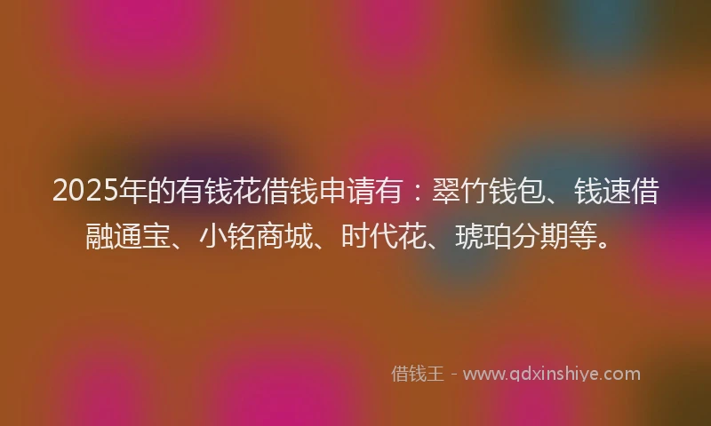 2025年的有钱花借钱申请有：翠竹钱包、钱速借融通宝、小铭商城、时代花、琥珀分期等。