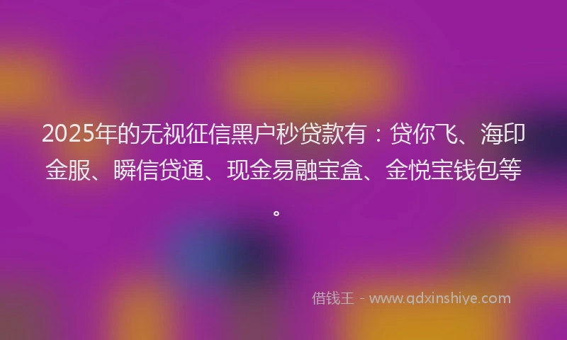 2025年的无视征信黑户秒贷款有：贷你飞、海印金服、瞬信贷通、现金易融宝盒、金悦宝钱包等。