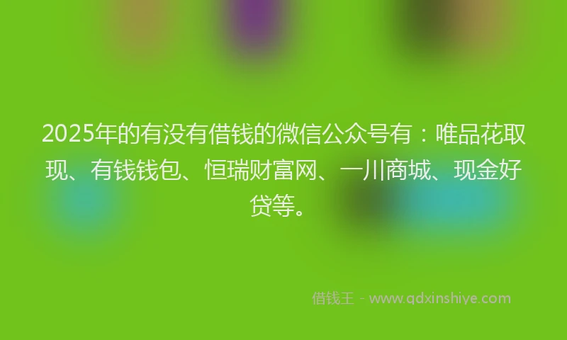 2025年的有没有借钱的微信公众号有：唯品花取现、有钱钱包、恒瑞财富网、一川商城、现金好贷等。