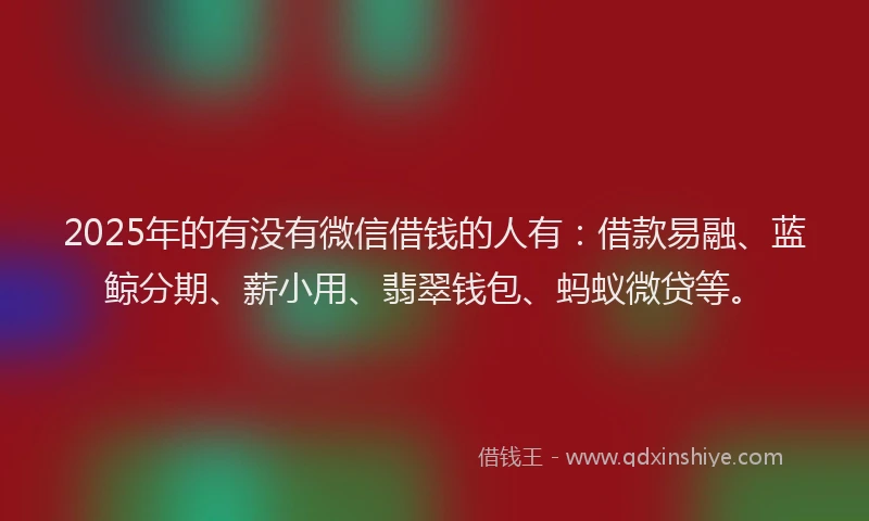 2025年的有没有微信借钱的人有：借款易融、蓝鲸分期、薪小用、翡翠钱包、蚂蚁微贷等。