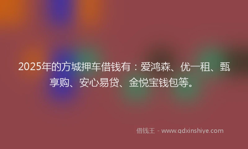2025年的方城押车借钱有：爱鸿森、优一租、甄享购、安心易贷、金悦宝钱包等。