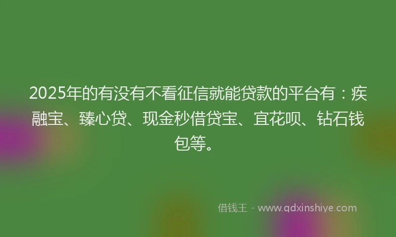 2025年的有没有不看征信就能贷款的平台有：疾融宝、臻心贷、现金秒借贷宝、宜花呗、钻石钱包等。