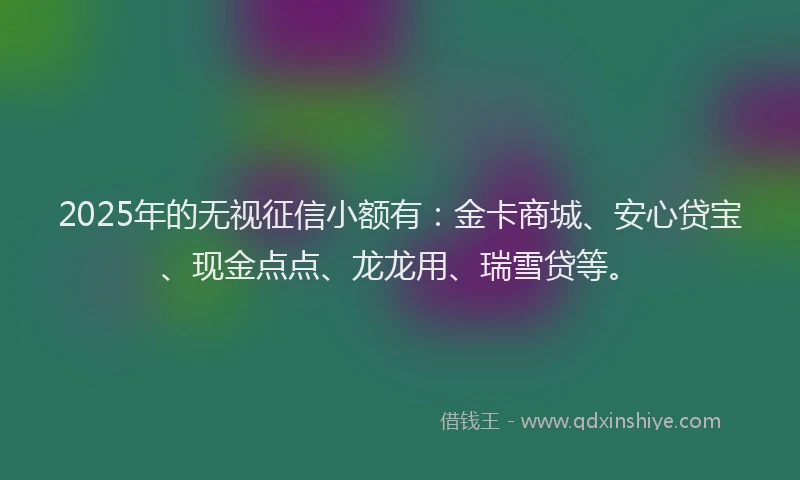 2025年的无视征信小额有：金卡商城、安心贷宝、现金点点、龙龙用、瑞雪贷等。