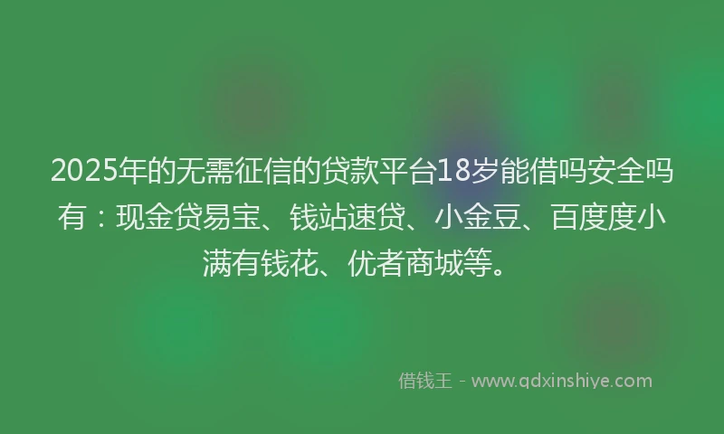 2025年的无需征信的贷款平台18岁能借吗安全吗有：现金贷易宝、钱站速贷、小金豆、百度度小满有钱花、优者商城等。
