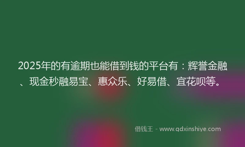 2025年的有逾期也能借到钱的平台有：辉誉金融、现金秒融易宝、惠众乐、好易借、宜花呗等。