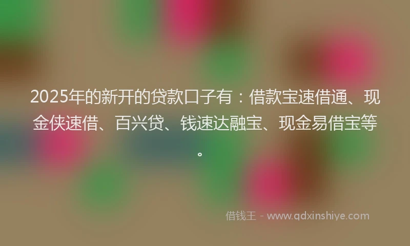 2025年的新开的贷款口子有：借款宝速借通、现金侠速借、百兴贷、钱速达融宝、现金易借宝等。