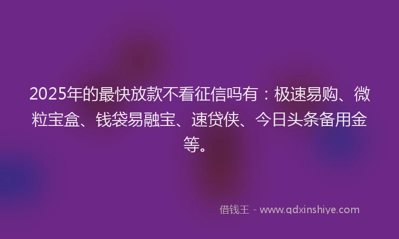 2025年的最快放款不看征信吗有：极速易购、微粒宝盒、钱袋易融宝、速贷侠、今日头条备用金等。