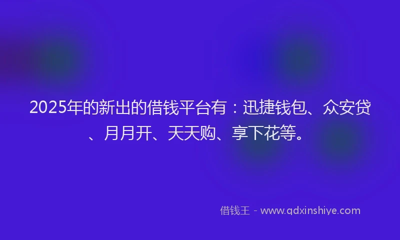 2025年的新出的借钱平台有：迅捷钱包、众安贷、月月开、天天购、享下花等。