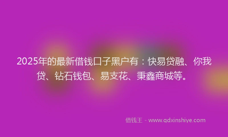 2025年的最新借钱口子黑户有：快易贷融、你我贷、钻石钱包、易支花、秉鑫商城等。
