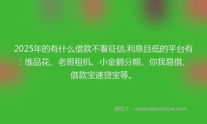2025年的有什么借款不看征信,利息且低的平台有：维品花、老哥租机、小金鹤分期、你我易借、借款宝速贷宝等。