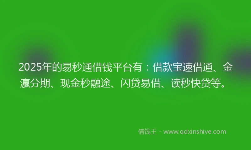 2025年的易秒通借钱平台有：借款宝速借通、金瀛分期、现金秒融途、闪贷易借、读秒快贷等。