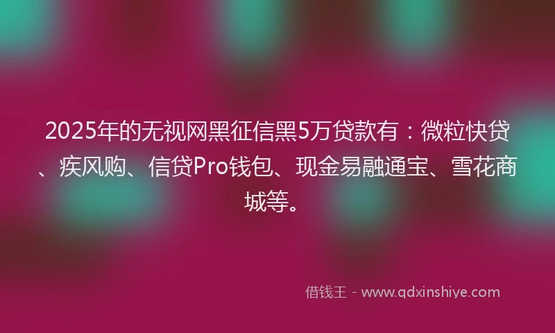 2025年的无视网黑征信黑5万贷款有：微粒快贷、疾风购、信贷Pro钱包、现金易融通宝、雪花商城等。