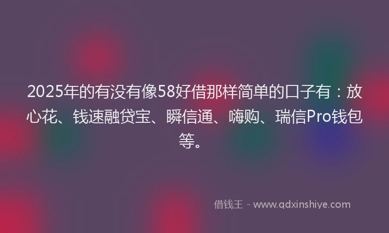 2025年的有没有像58好借那样简单的口子有：放心花、钱速融贷宝、瞬信通、嗨购、瑞信Pro钱包等。