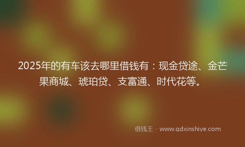 2025年的有车该去哪里借钱有：现金贷途、金芒果商城、琥珀贷、支富通、时代花等。