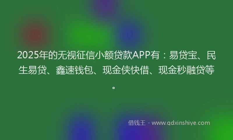 2025年的无视征信小额贷款APP有：易贷宝、民生易贷、鑫速钱包、现金侠快借、现金秒融贷等。