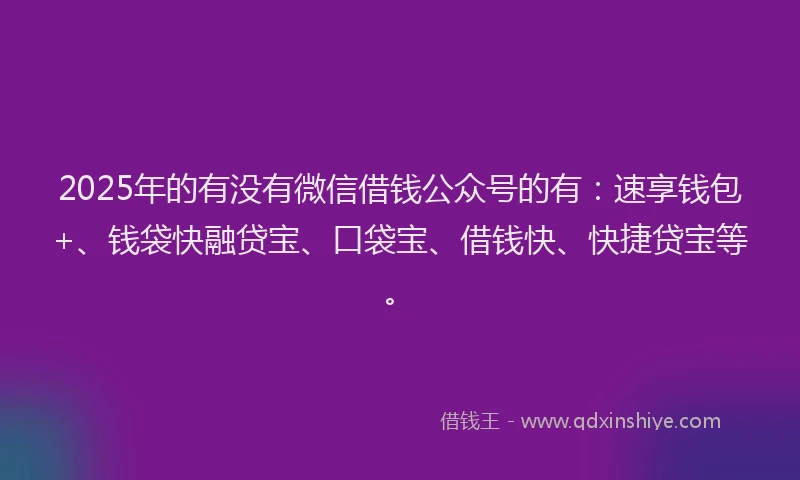 2025年的有没有微信借钱公众号的有：速享钱包+、钱袋快融贷宝、口袋宝、借钱快、快捷贷宝等。