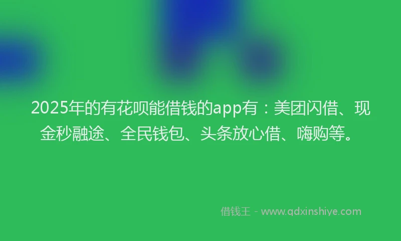 2025年的有花呗能借钱的app有：美团闪借、现金秒融途、全民钱包、头条放心借、嗨购等。