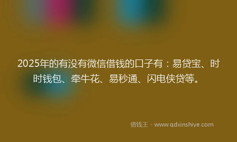 2025年的有没有微信借钱的口子有：易贷宝、时时钱包、牵牛花、易秒通、闪电侠贷等。