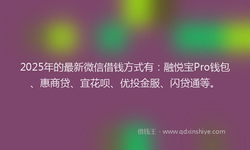 2025年的最新微信借钱方式有：融悦宝Pro钱包、惠商贷、宜花呗、优投金服、闪贷通等。