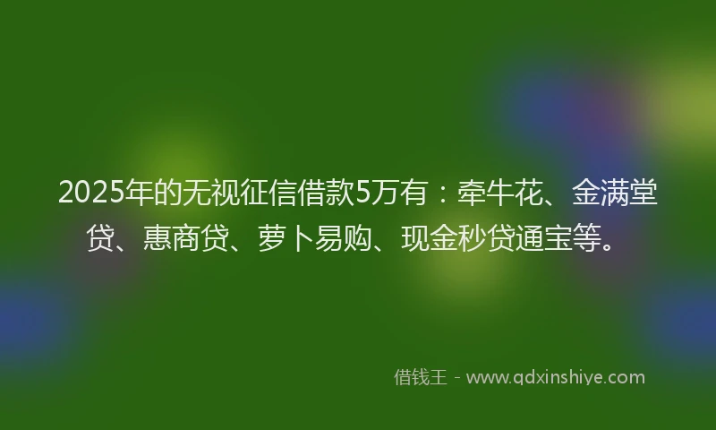 2025年的无视征信借款5万有：牵牛花、金满堂贷、惠商贷、萝卜易购、现金秒贷通宝等。